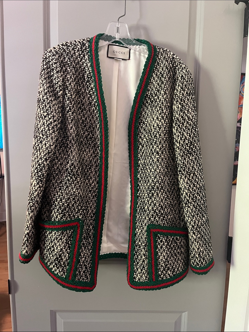 Gucci Black & White Tweed Open-Front Jacket with Green and Red Trim